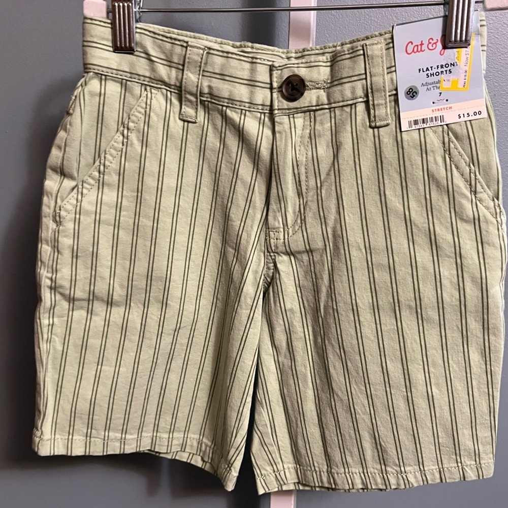 Cat & Jack Boys' Green Striped Flat-Front Waistband Shorts NWT Size 7